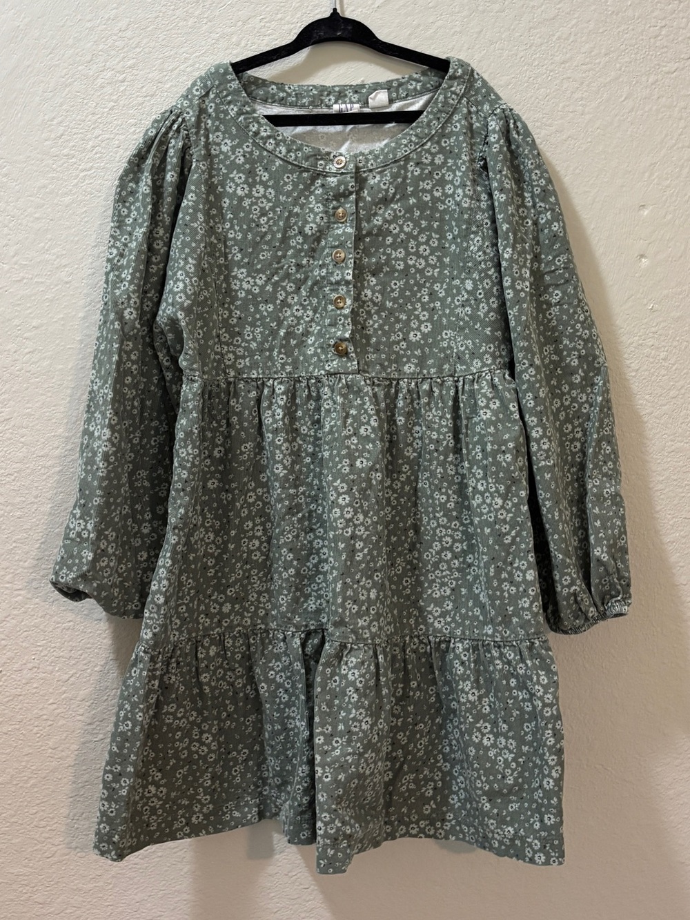 GAP Kids Green White Floral Long Sleeve Henley Corduroy Dress Girls Size M (7/8)